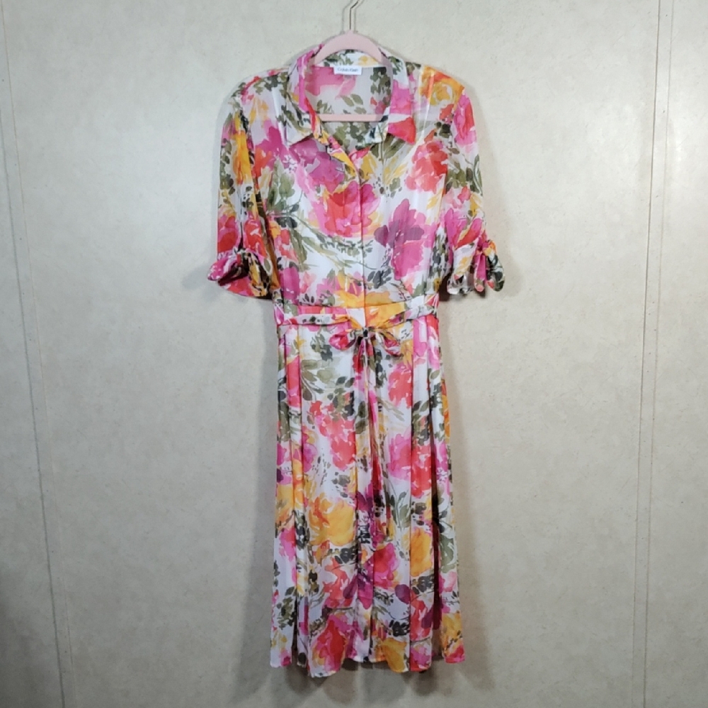 Calvin Klein Floral Midi Shirt Dress in Pink, Yellow, Green